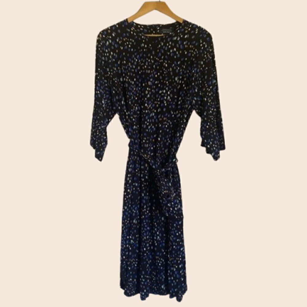 & Other Stories Navy Midi Dress w/ Multicolor Polka Dots and Wrap Waist Size 8